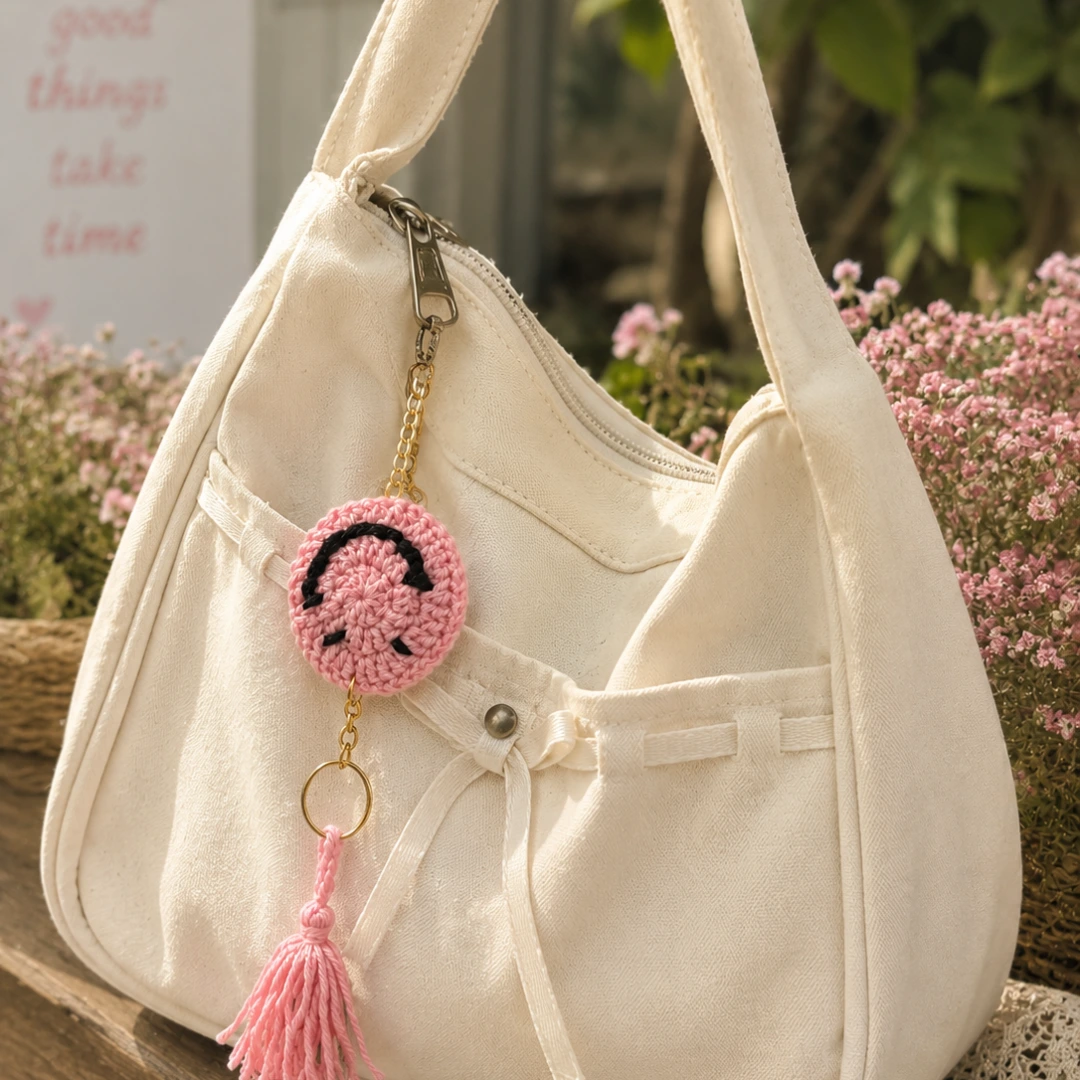 pink crochet smile keyring cheerful handmade charm pink crochet smile keyring cheerful handmade charm