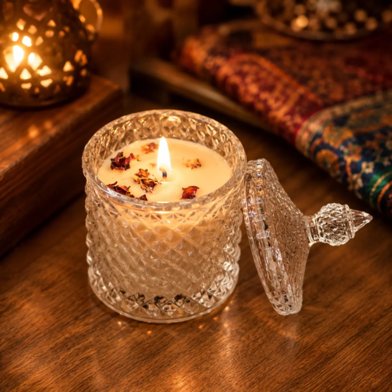 crystal glass candle rose petal jar