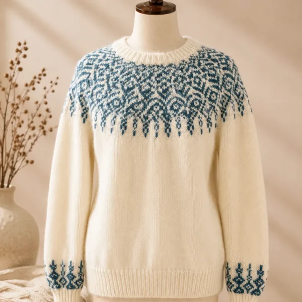 ivory white wool sweater teal fair isle yoke
