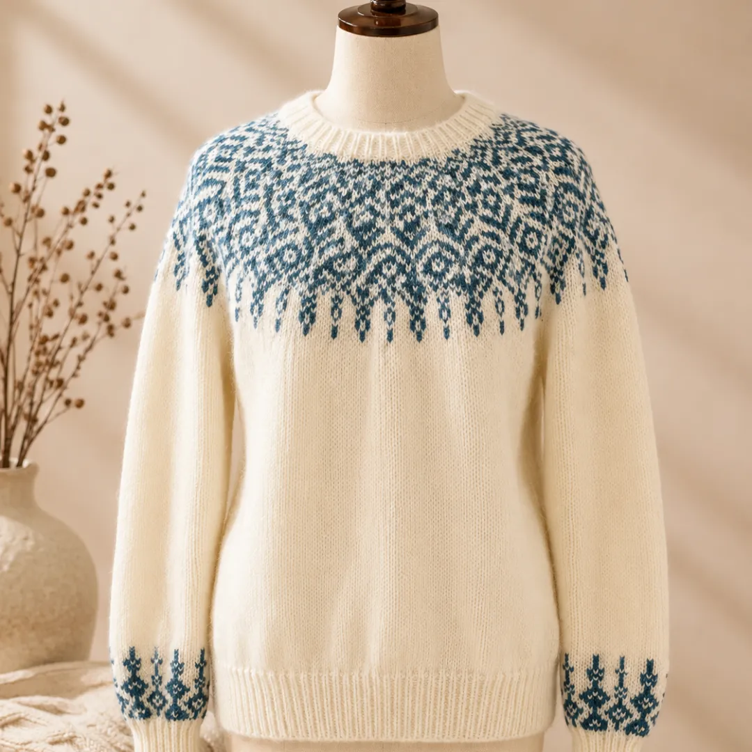 ivory white wool sweater teal fair isle yoke ivory white wool sweater teal fair isle yoke