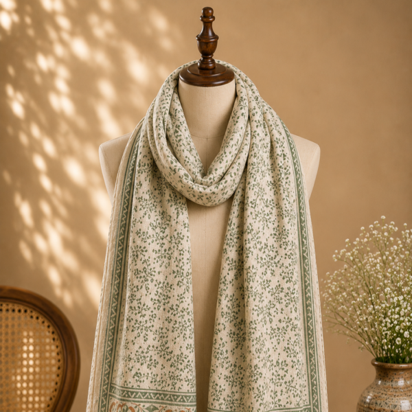 handblock print stole ivory sage floral vine