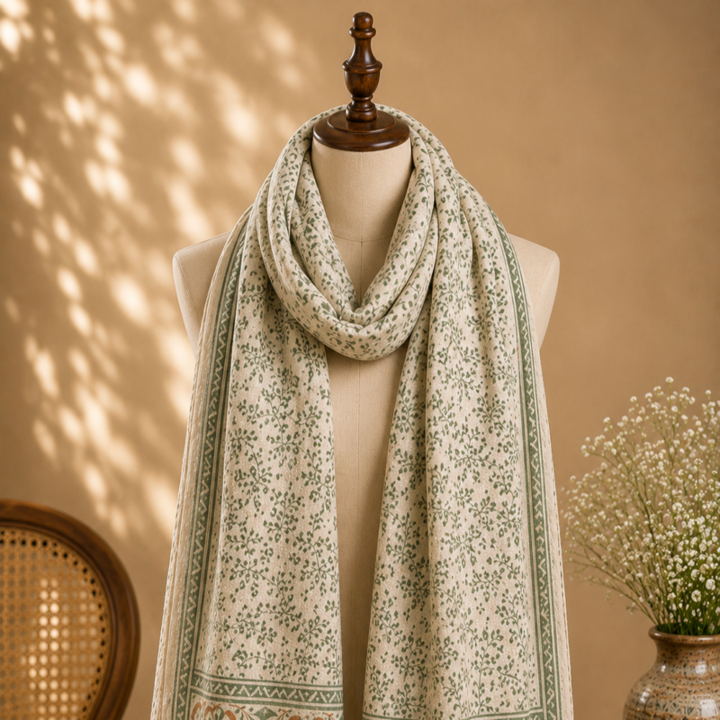 handblock print stole ivory sage floral vine