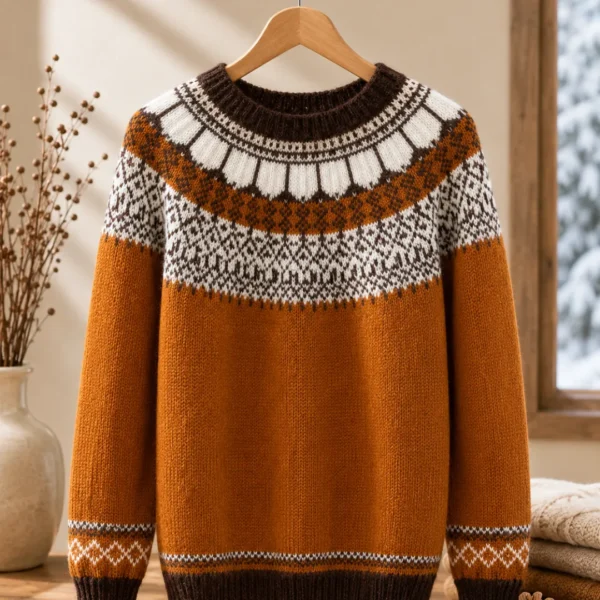 mustard wool sweater fair isle chocolate brown pattern