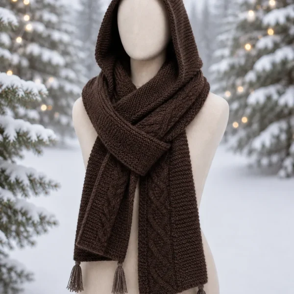 Handknitted Hooded Muffler Scarf – Brown Wool Hood