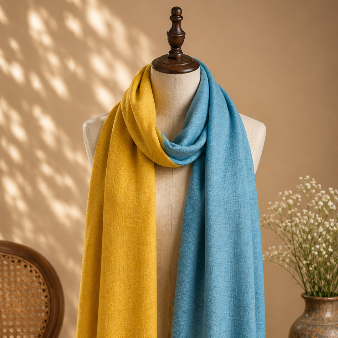 handwoven bright merino wool stole mustard sky blue fringe handwoven bright merino wool stole mustard sky blue fringe