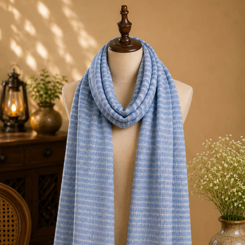 blue striped silk stole white horizontal stripes handwoven
