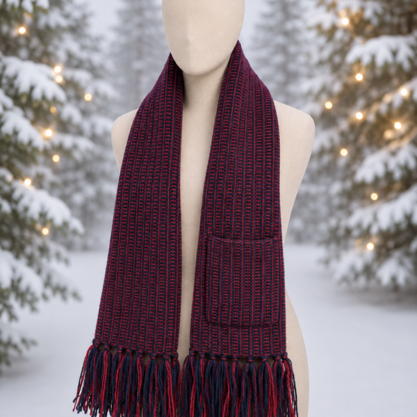 Handknitted Pocket Muffler – Burgundy Two-Tone Fringed Scarf