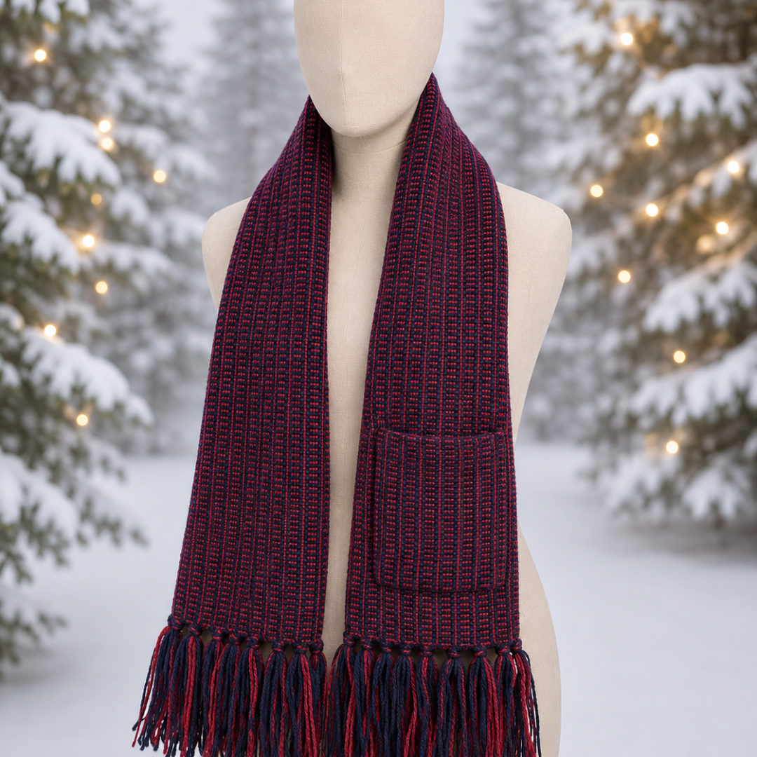 Handknitted Pocket Muffler – Burgundy Two-Tone Fringed Scarf Handknitted Pocket Muffler – Burgundy Two-Tone Fringed Scarf