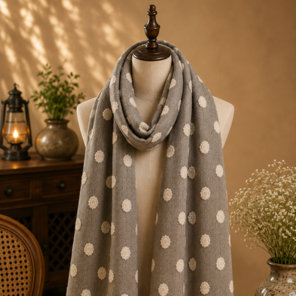 grey dabu stole herringbone weave ivory polka dot