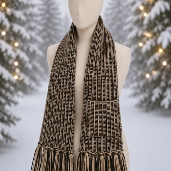 Handknitted Pocket Muffler – Brown Two-Tone Fringed Scarf