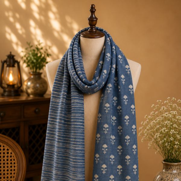 indigo dabu print stole striped floral reversible