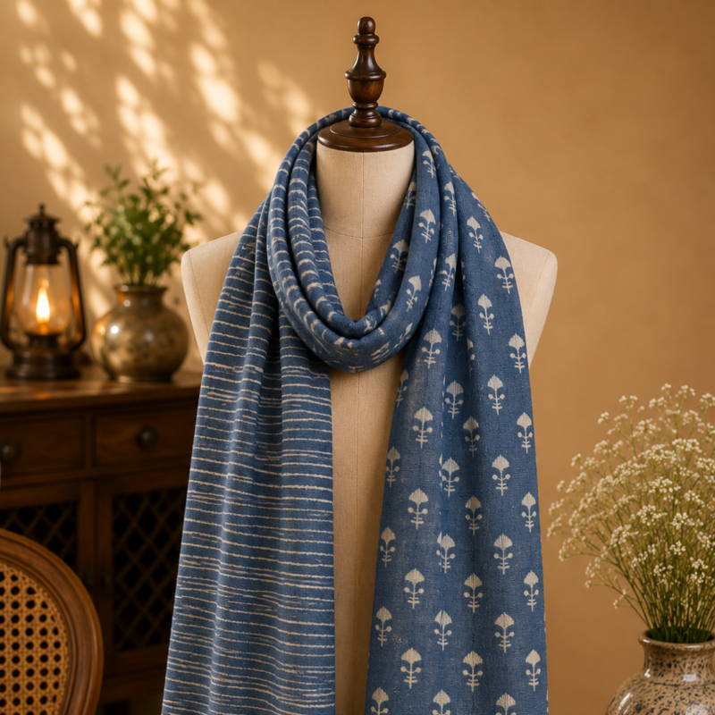 indigo dabu print stole striped floral reversible
