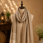 herringbone wool stole beige striped border handwoven