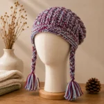woollen earflap beanie burgundy sky blue braided tassel