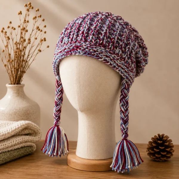 woollen earflap beanie burgundy sky blue braided tassel