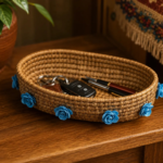 pine needle oval basket tray blue floral woven