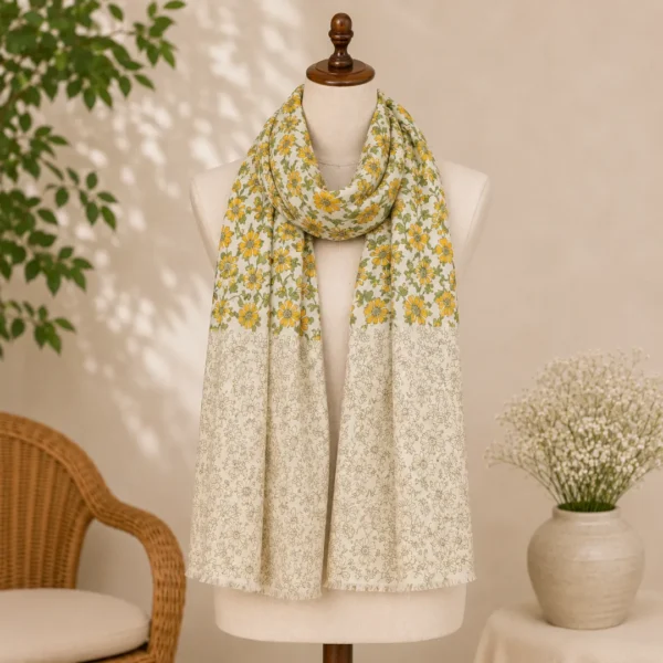 cotton block print stole yellow cream floral handwoven