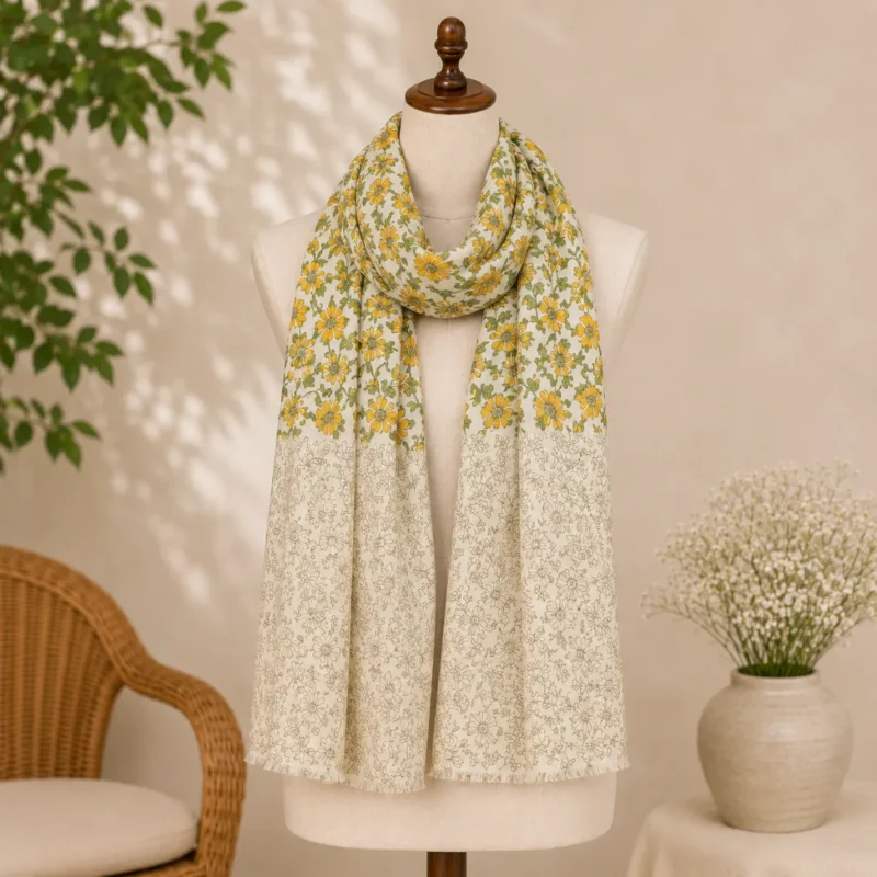 cotton block print stole yellow cream floral handwoven