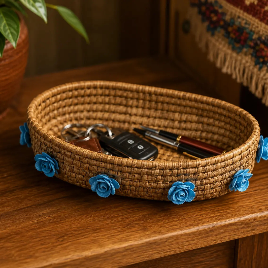 pine needle oval basket tray blue floral woven pine needle oval basket tray blue floral woven