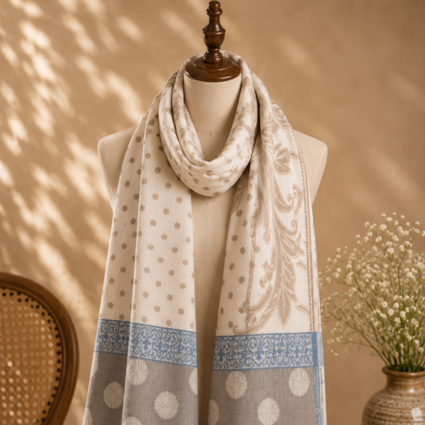 printed silk stole ivory polka damask blue border