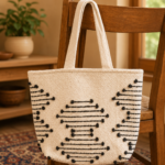 black hemp tote bag geometric woven pattern