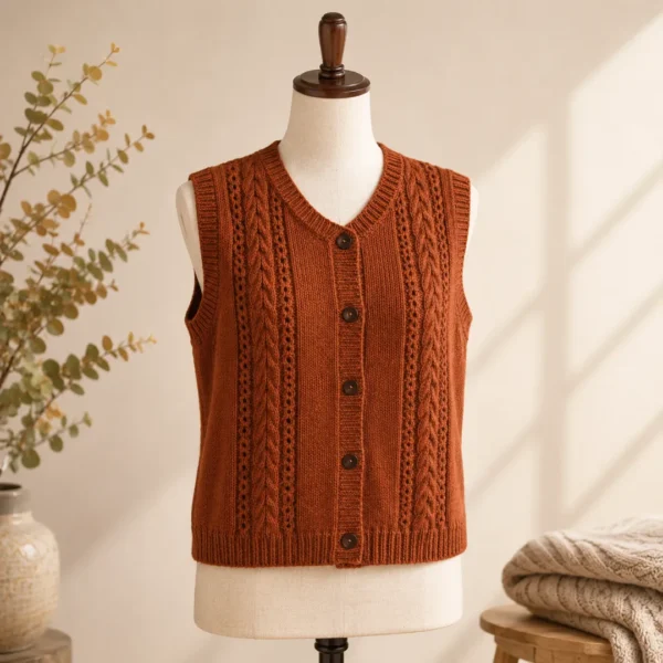 rust brown half cardigan cable knit sleeveless button