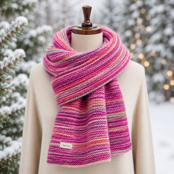 Handknitted Multicolor Scarf – Pink Variegated Wool Cowl