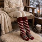 Handknitted Festive Pattern Socks – Red Striped Wool Socks