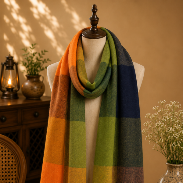 colorblock wool stole orange green navy blue handwoven