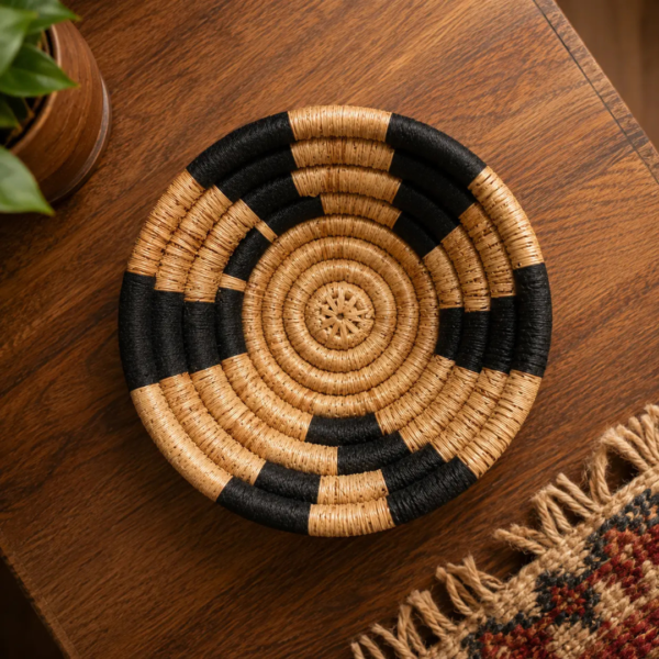 pine needle trinket basket black natural woven round
