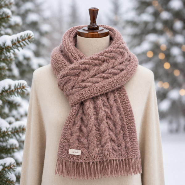 Handknitted Cable Knit Scarf – Rose Fringed Wool Cowl