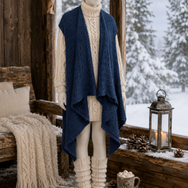 Long Sleeveless Knitted Waistcoat – Navy Open Front Vest