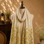 handblock floral print stole ivory mustard yellow border
