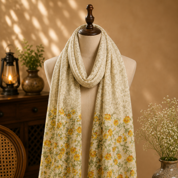 handblock floral print stole ivory mustard yellow border