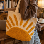 yellow hemp tote bag white tufted sun pattern