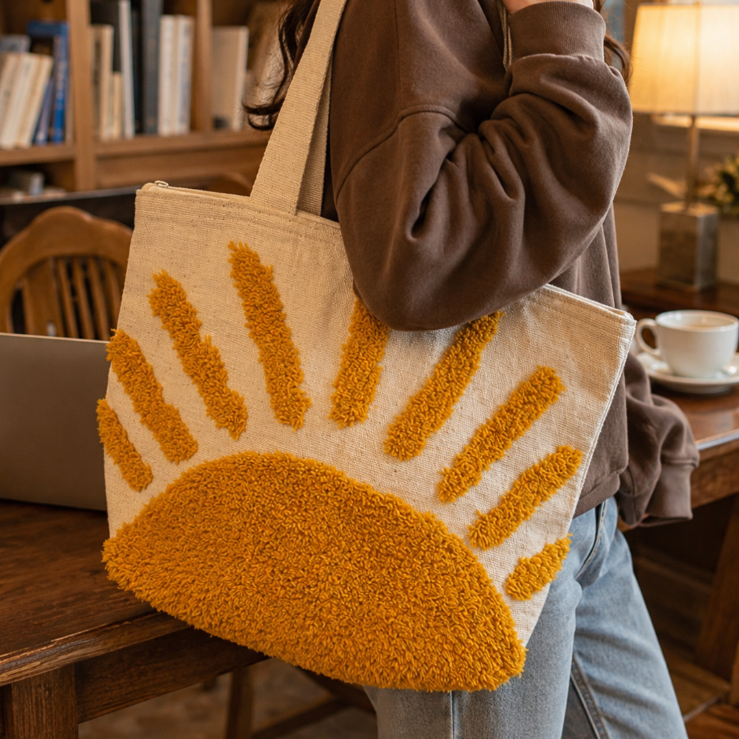 yellow hemp tote bag white tufted sun pattern yellow hemp tote bag white tufted sun pattern