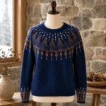 navy blue wool sweater camel fair isle ribbed