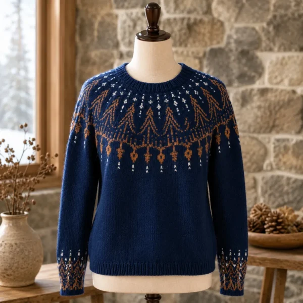 navy blue wool sweater camel fair isle ribbed