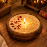 rose petal candle bowl wooden pearl accents soy wax