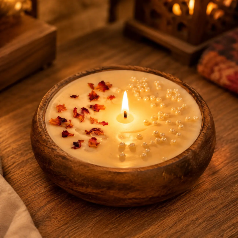 rose petal candle bowl wooden pearl accents soy wax