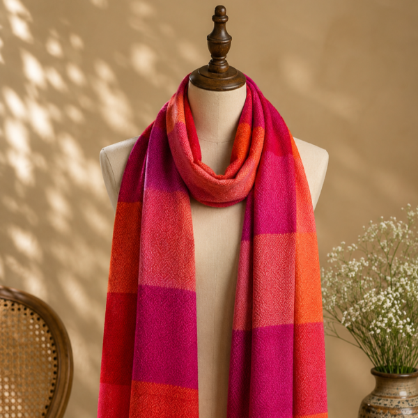 merino wool stole for women pink orange colorblock fringe
