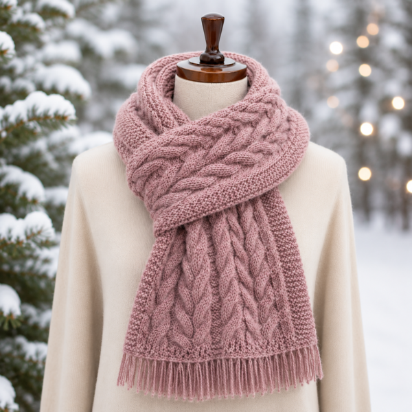 Handknitted Cable Knit Scarf – Rose Fringed Wool Cowl