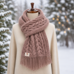 Handknitted Cable Knit Scarf – Rose Fringed Wool Cowl
