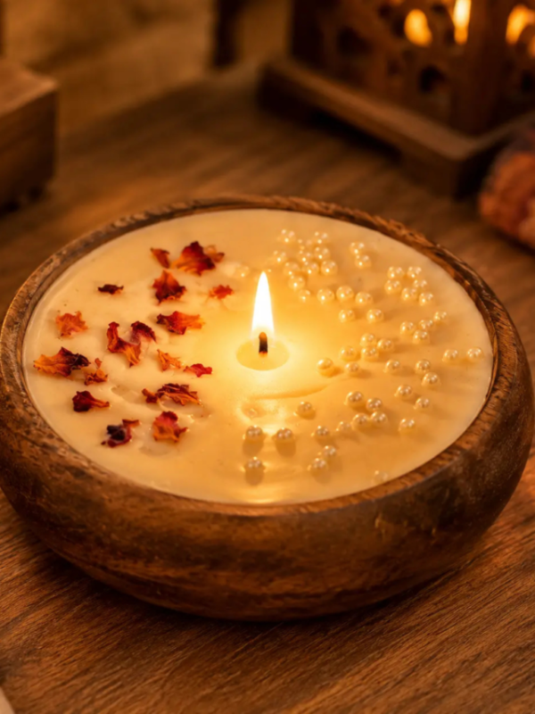 rose petal candle bowl wooden pearl accents soy wax